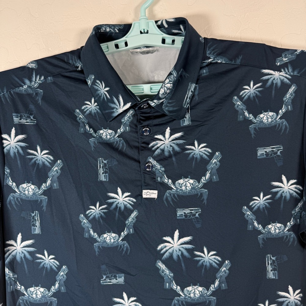 Retro Rifle Polo Shirt Mens XL Blue Crab Gun Palm Tree Tactical Golf Performance